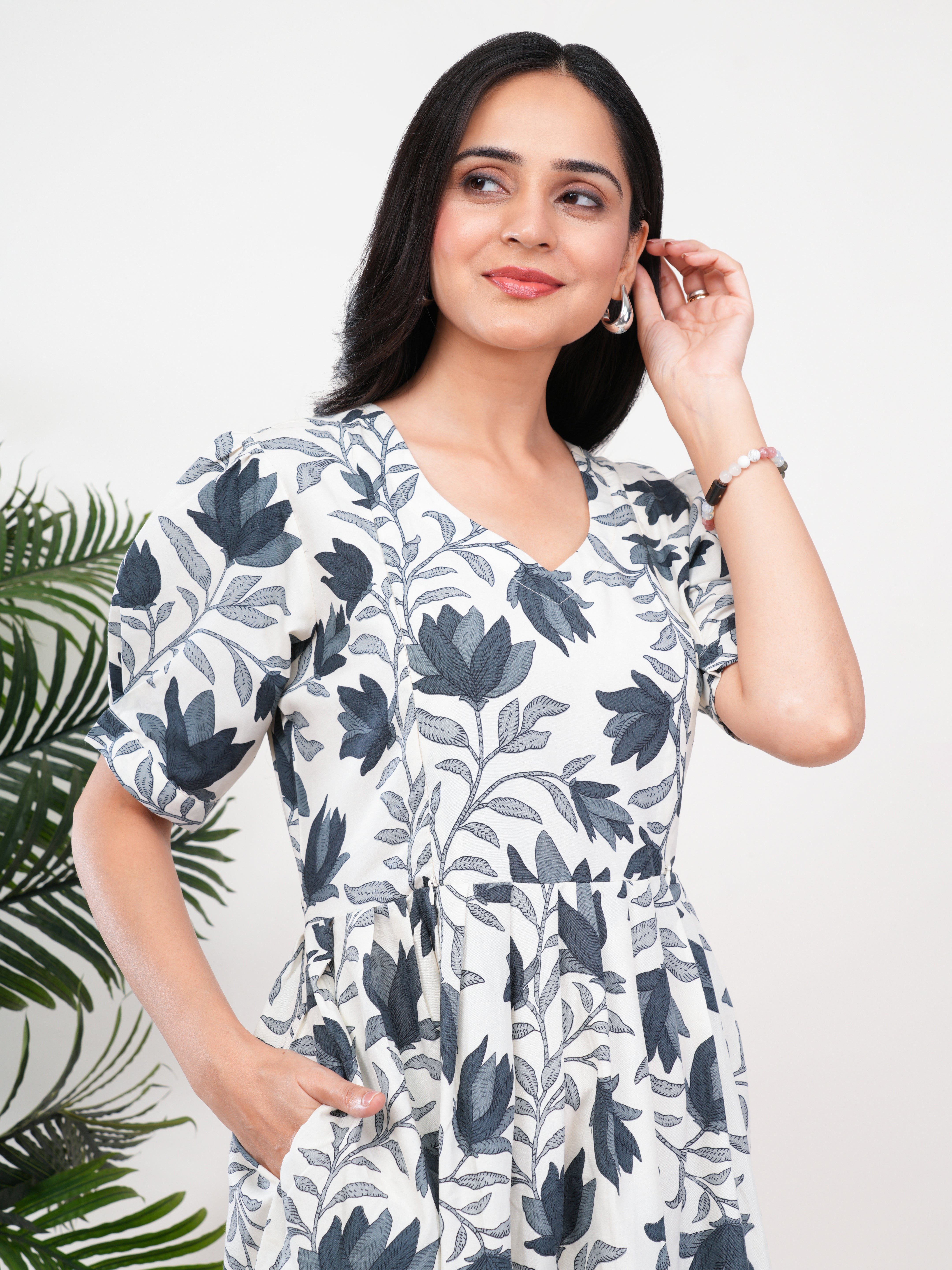 Ivory Leaf Print Feeding Single Kurti