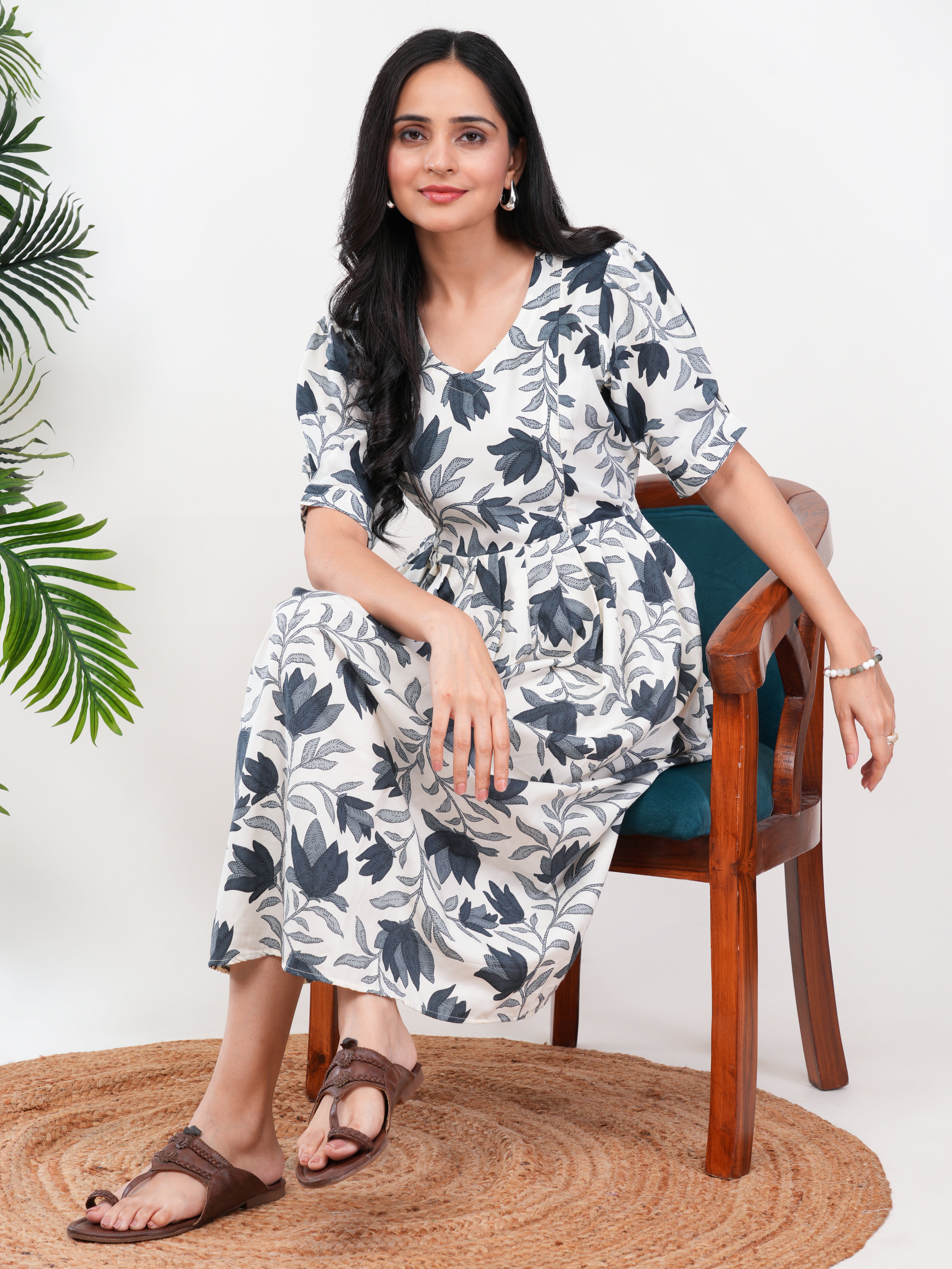 Ivory Leaf Print Feeding Single Kurti